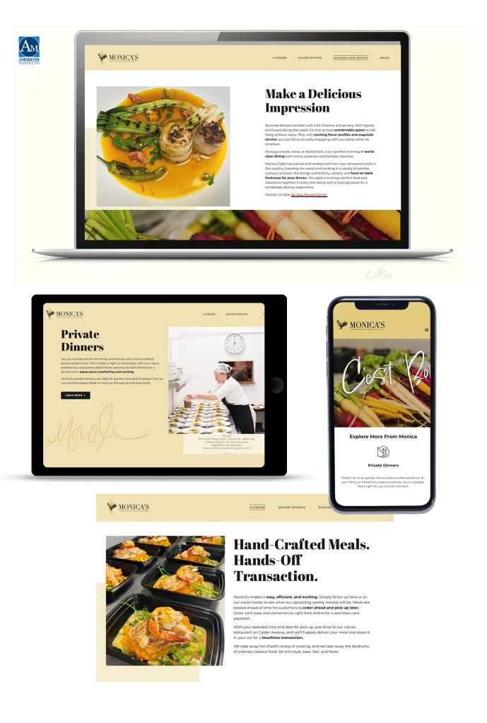 composite of image showing mobile view of website for Monica's restaurant