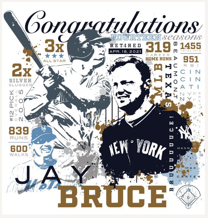 illustration graphic of Jay Bruce with MLB highlights from his career in stats and images in a collage