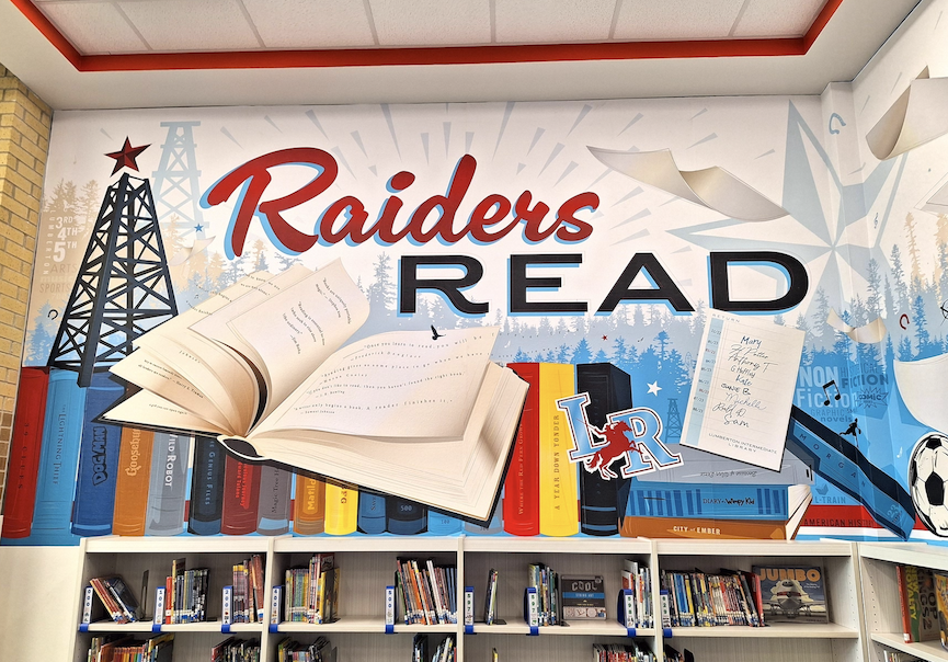 Left wall view of Raiders Read on wall art graphic for Lumberton library
